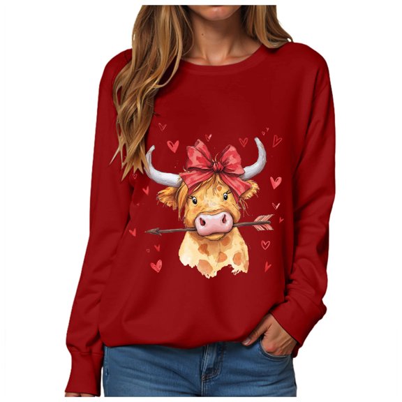 vigerkar Cow Valentine's Sweatshirt, Pink Heart Cow Sweater, Cute Crewneck Pullover for Women (Red, L)