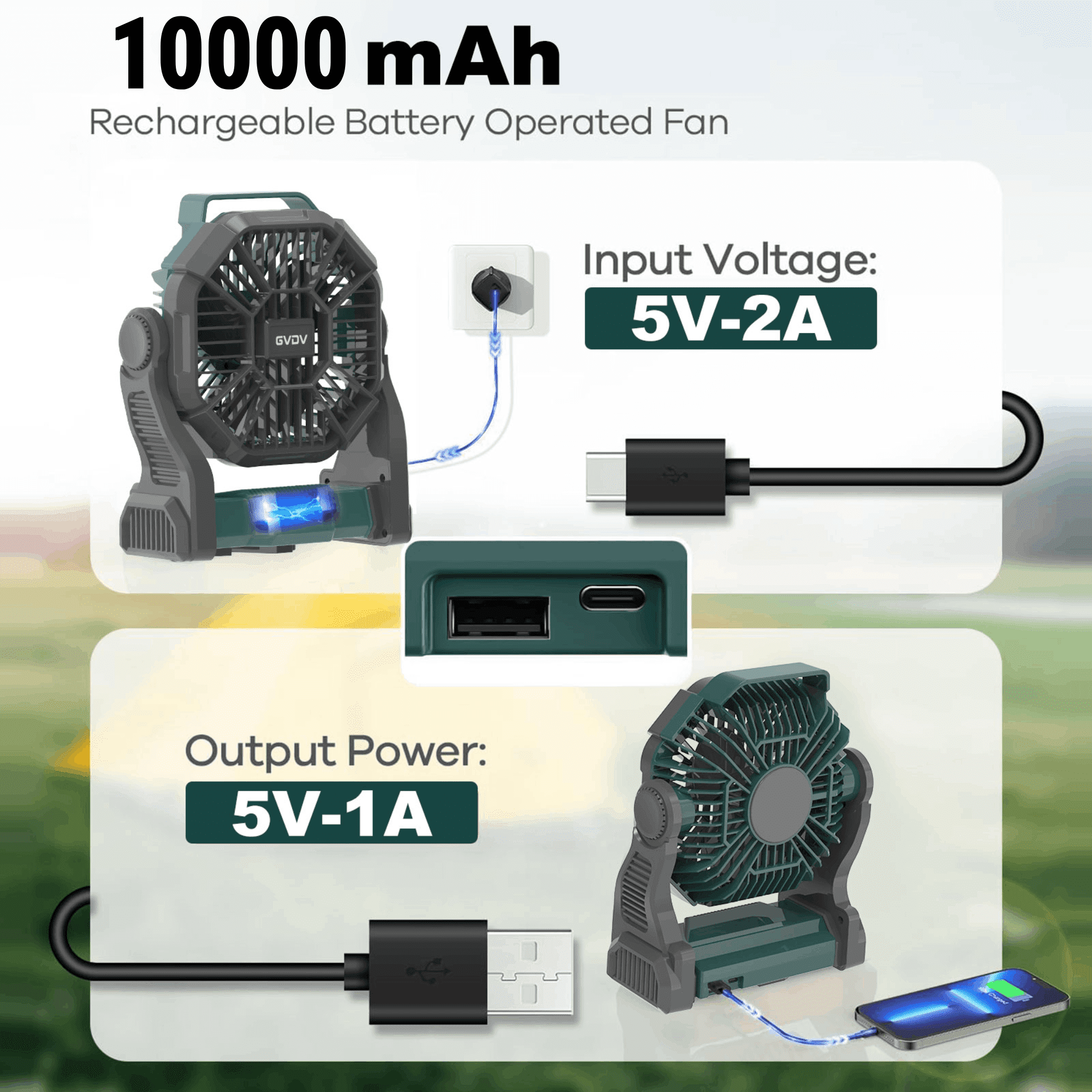 GVDV Camping Fan with LED Lantern, Portable Battery Operated Outdoor Fan, Personal Rechargeable Desk Fan for Travel, Hiking, Fishing, Picnic