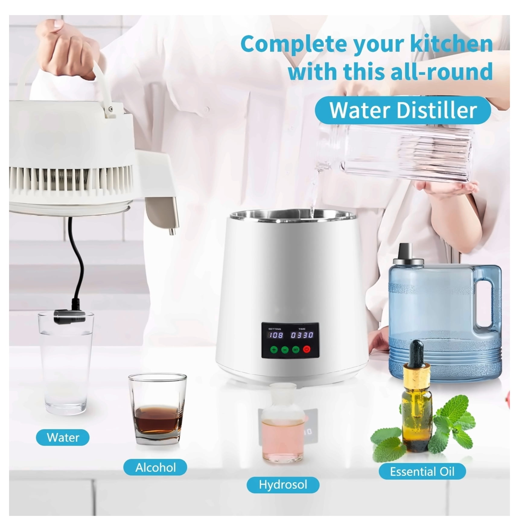 1.1Gal Water Distiller, 750W Distilled Water Machine, 0.3Gal/H, Temp & Time Control, Stainless Steel, w/ Carafe & Filters - White