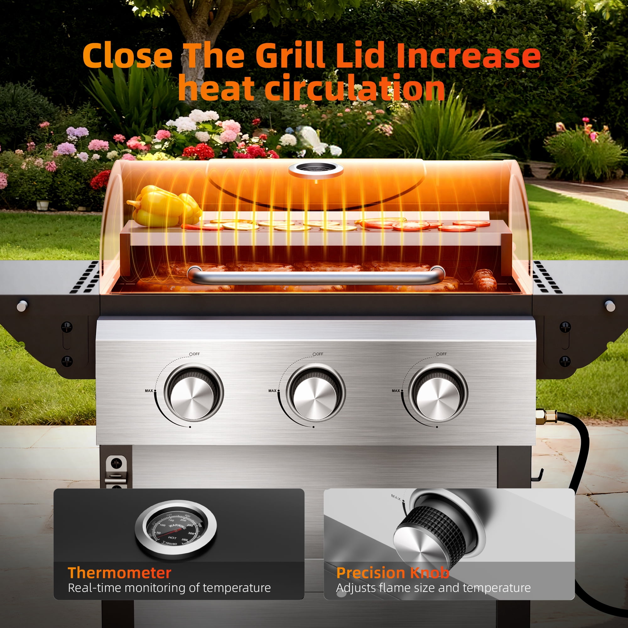 Biotree 3 Burner BBQ Propane Gas Grill, Stainless Steel 28,650 BTU Patio Garden Barbecue Grill with Two Foldable Shelves