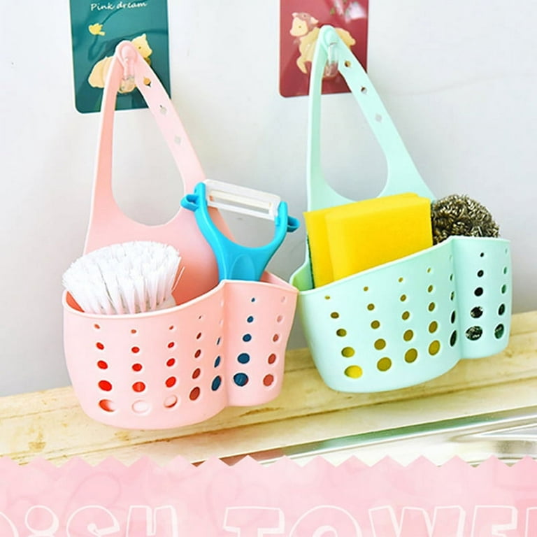 2 PACK Sponge Holder Basket with Buckle,Sink Faucet Caddy Hanging Drain  Rack, Gadget Soap Brush Desk Pen Organizer for Kitchen Bathroom,Pink Green