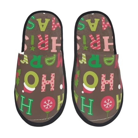Balery Ho Ho Ho Merry Christmas Slient Indoor Furry Fleece Comfort House Shoes Soft Non-Slip Home Shoes Cotton slippers House Slippers-- Large