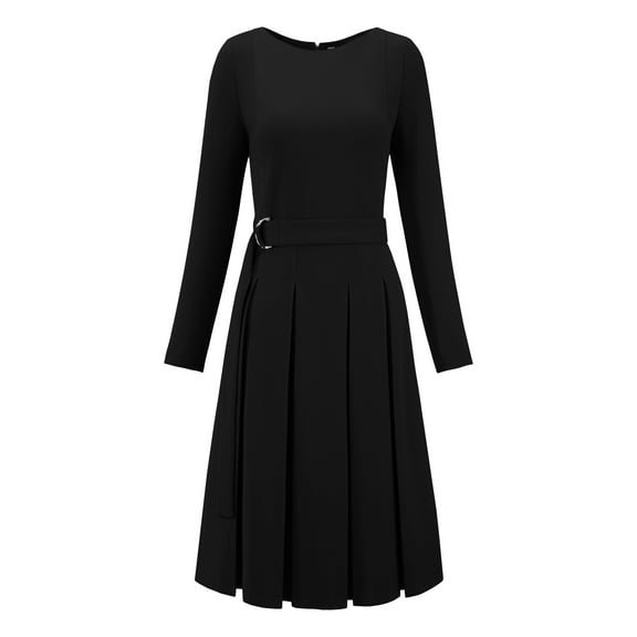 DARING DIVA Long Sleeve Pleated Crew Neck Belted A-Line Dress S Black