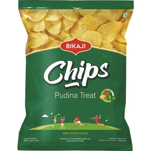 LES CHIPS PUDINA TREAT BIKAJI CROUSTILLES DE POMMES DE TERRE AROMATISEES AVEC UN PEU DE MENTHE ET D'AUTRES EPICES