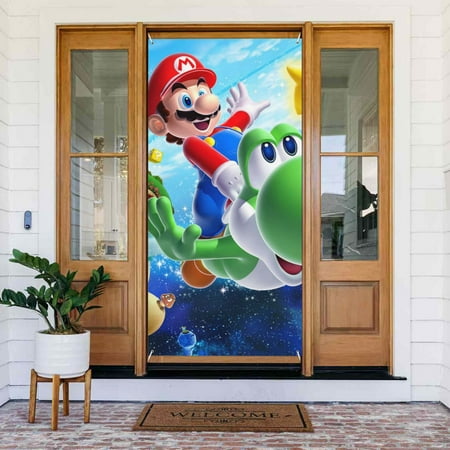 Super Mario Galaxy Door Cover Decorated Banner Tapestry Home Decoration Holiday Party Supplies Door Banner Porch Sign Banner 72.8 x 35.4 Inch
