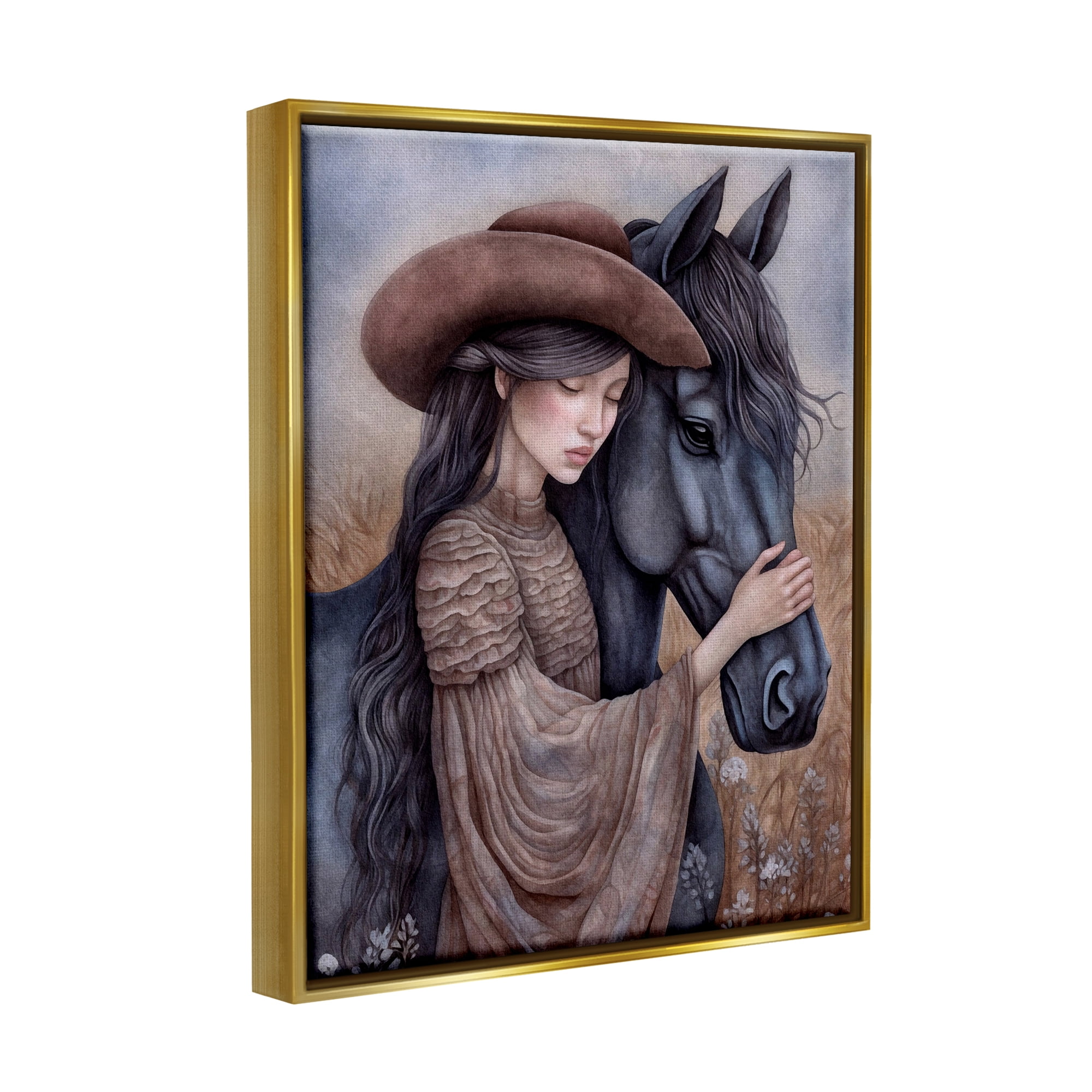 Stupell Industries Girl with Black Stallion Animals & Insects Painting Gold Floater Framed Canvas Art Print Wall Art, 25 x 31