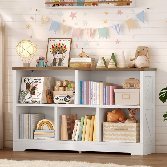 TEENFON 5 Cube Bookshelf, 2 Tier Low Storage Organizer Book Shelf, Freestanding Open Bookcase for Home Office, Living Room and Bedroom, White & Natural