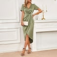 thumbnail image 4 of Women's Pleated Midi Dress, V Neck Short Sleeve Satin Slim Fit Dress, Glamorous Dress for Cocktail Party or Dinner, Light Green - 2XL, 4 of 7