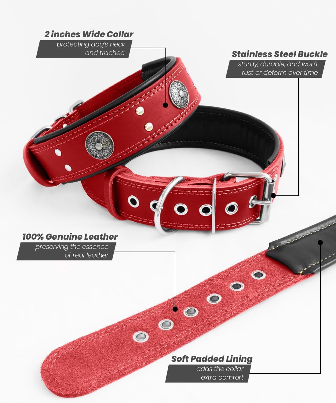 TJOUL Leather Dog Collar, 2 inches Wide Heavy Duty Genuine Leather Collars, Handmade, Soft, and Luxury, Eye-catching Best Choice for Large and Medium Breed Dogs 22.5-26.5 inches