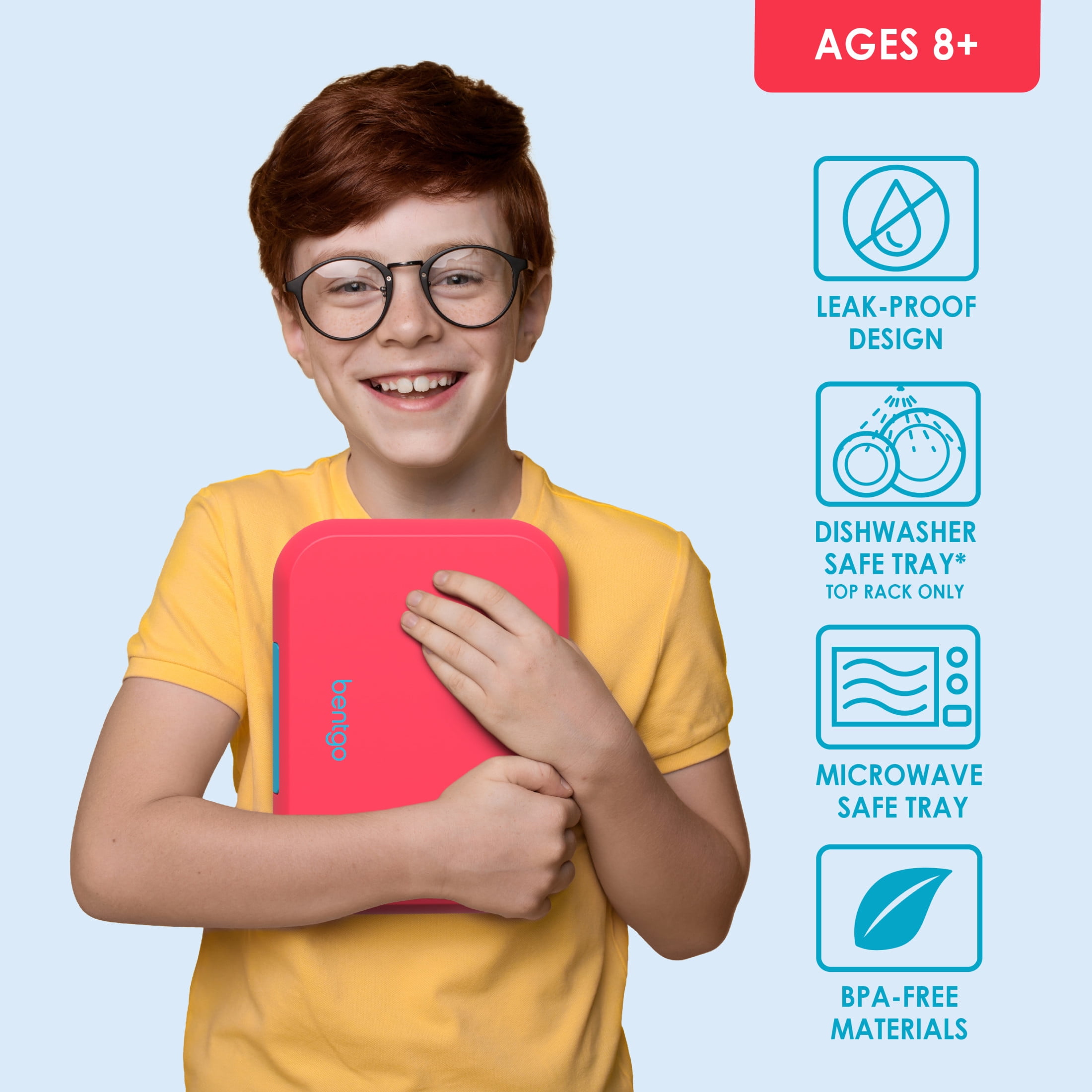 Bentgo® Pop - Leak-Proof Lunch Box & Removable Divider for Ages 8+ & Teens - Lunch Container Holds 5 Cups of Food; 3-4 Compartments; Microwave/Dishwasher Safe; 2 Year Warranty (Flame Red/Turquoise)