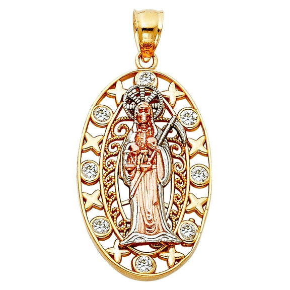 14k Yellow Gold White Gold and Rose Gold Santa Muerte Pendant Necklace 18x27mm Pendant for Women