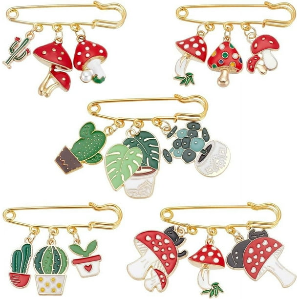 5 broches de acero inoxidable con imperdible, 5 estilos diferentes. Broches de aleación esmaltada, clips para suéteres y chales, broches con forma de cactus, maceta y seta. Joyería.