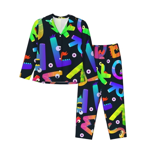 Pajamas for Women Set - Funny Alphabet Monster Comfy Long Sleeve Button Up Pajama Sets for Women 2 Piece, Soft Sleepwear Nightwear Pjs Lounge Sets for Women with Pockets
