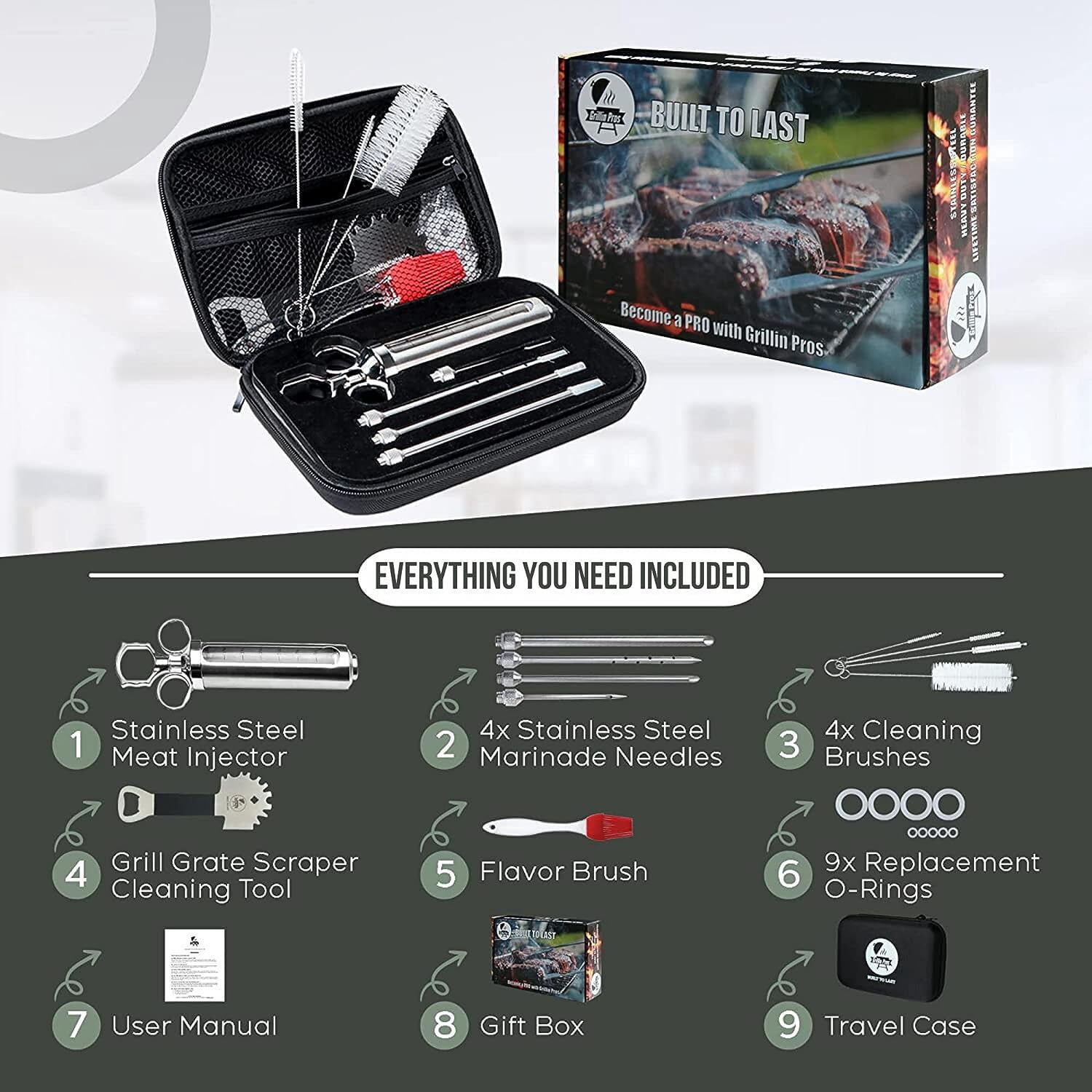 Grillin Pros Stainless Steel Meat Injector Marinade Syringe Kit for Smoking & Grilling Turkey, Brisket & BBQ - Built to Last