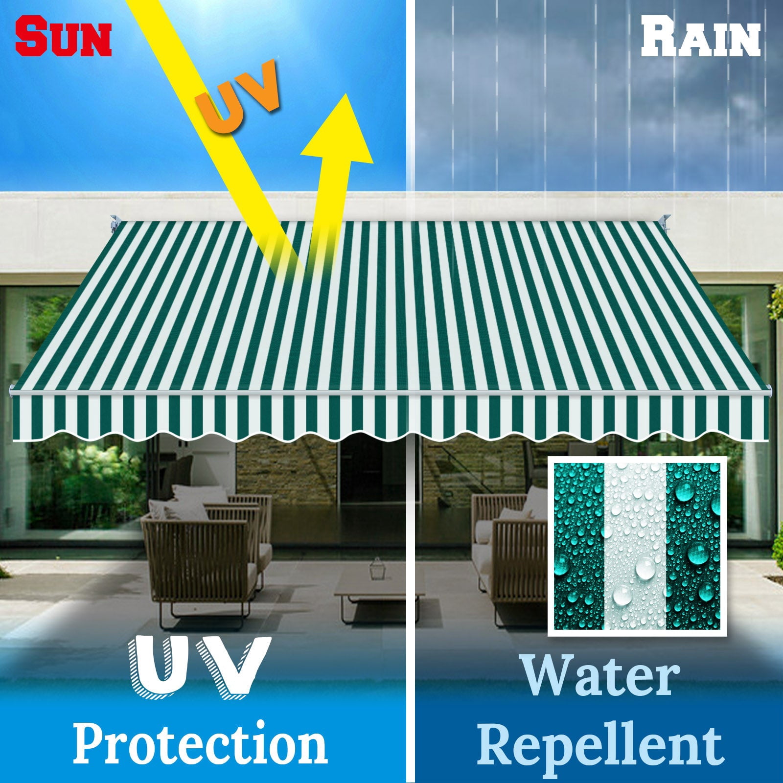 SUNRISEUMBRELLA Outdoor Patio Awning Retractable Awning Sun Shade Manual Patio Deck Awning (12'x8',Green with white)