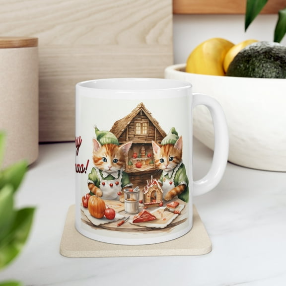 Coffee Mug 11oz, Merry Christmas Cat Lover Mug, Elf Kittens Cat Mom Tea Cup