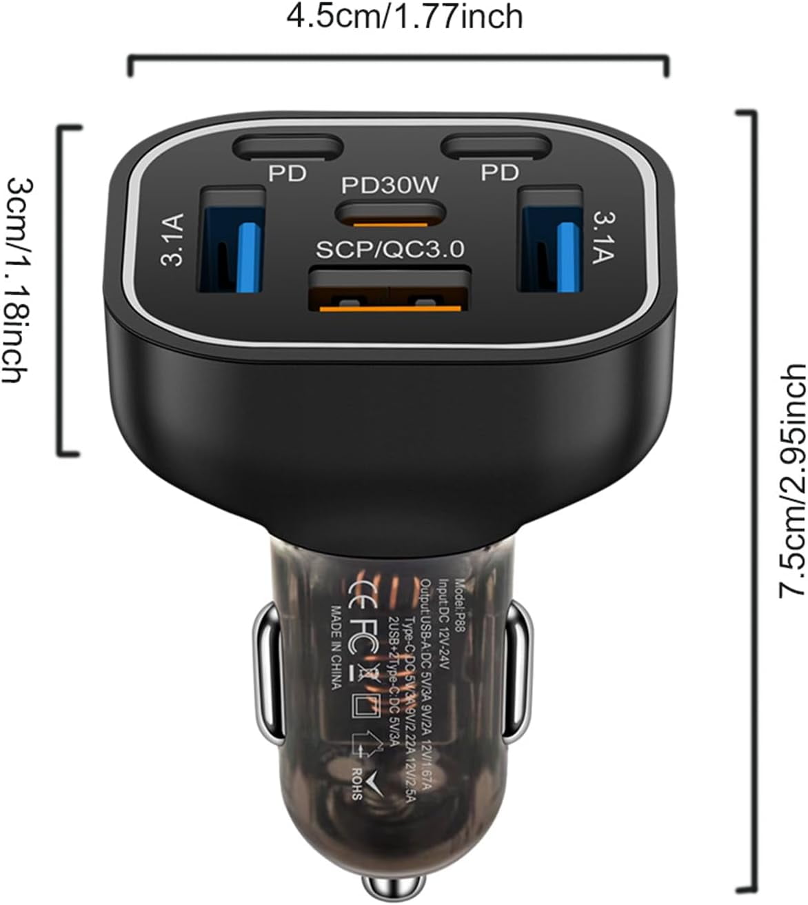 Multi port 6 Ports USB C Car Charger 12v 24v Cigarette Lighter Charger Adapter With PD30W Fast Charge Compatible with Iphone 16 15 14 13 12 11 Pro max Plus Samsung Huawei Xiaomi and more Android