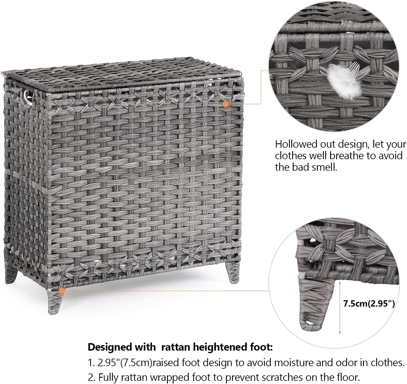 Laundry Hamper with 3 Removable Liner Bags; 132L Handwoven Rattan Laundry Basket with Lid & Heightened Feet; Clothes Hamper with Side Handles; Laundry Sorter with 3 Separate Sections