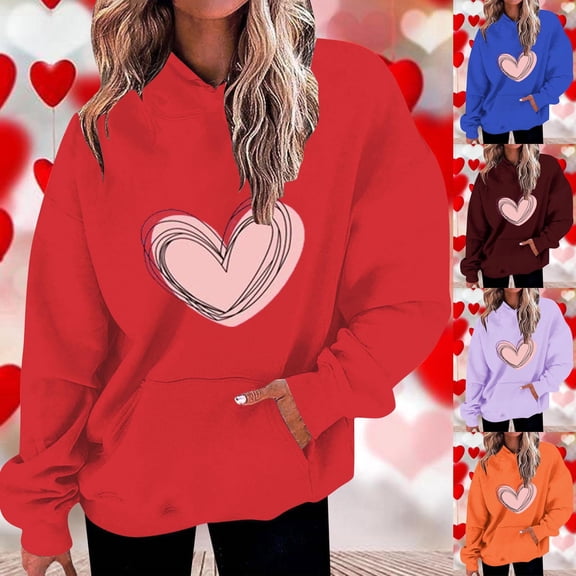 ZyeKqe Hoodies for Women Valentines Day Fleece Lined Hooded Sweatshirts Causal Heart Graphic Long Sleeve Pullover Tops