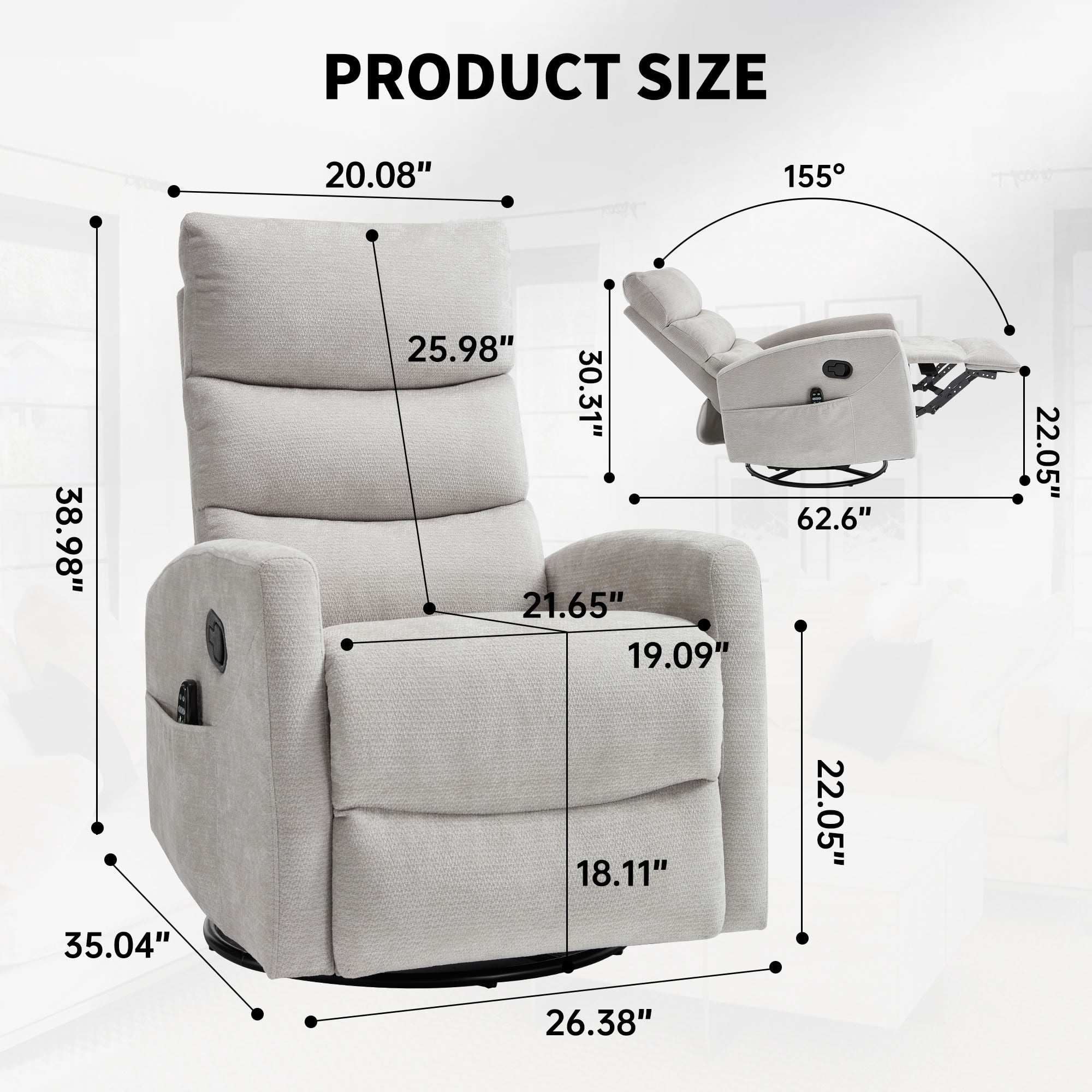 MAYEERTY 360 Degree Swivel Rocker Recliner Chair, Manual Recline Glider Chair with 8-Point Vibration Massage & Lumbar Heat, for Living Room Nursery Bedroom