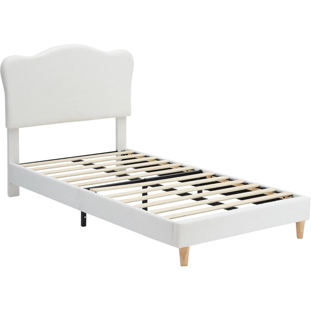 Para niños' beige tamaño individual forrado cama de plataforma con adorable bouclé velvet cabecero, no box spring required, easy to assemble y durable