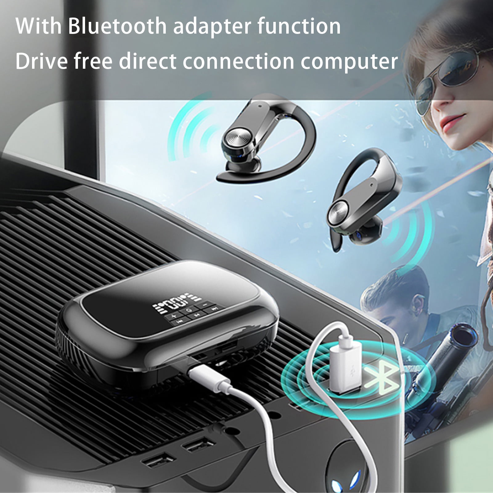 Jacenvly New Headphones Wired Wireless Earphones Bluetooth 5.3 Magical Support Sd Card Tws-Headphones Mirror Earbuds with Ear Hooks for Training Sport Digital Display