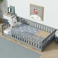 thumbnail image 4 of Twin Size Floor Bed With Fence No Door, Rubber Wood Safety Guardrail Bed For Kids, Grey Modern Toddler Bed Frame With Enclosed Design, 4 of 9