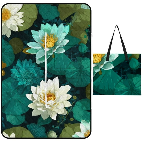 Teal Water Lilies Lush Green Leaves Waterproof Picnic Blanket with Foldable Zipper, Suitable for Outdoor Use, Suitable for Travel, Camping, Beaches, Parks, Grasslands, Picnic Blanket Accessories