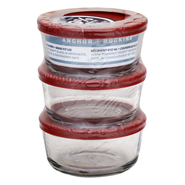 Anchor Hocking Classic Glass Food Storage Containers with Lids, Red, 2 Cup (Set of 3)