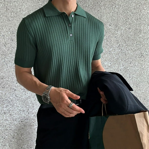 Playera Elvqul Caballero Verde Manga Corta Casuales de Color Sólido Solapa Abotonada