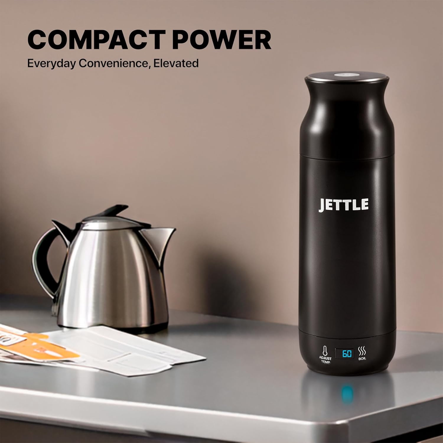 Jettle Travel Electric Kettle - 450ml Bottle-Style Top-Fill No-Spout Water Boiler for Tea & Coffee - Temperature Control, LED Display, Auto Shut-Off - Stainless Steel, 110V