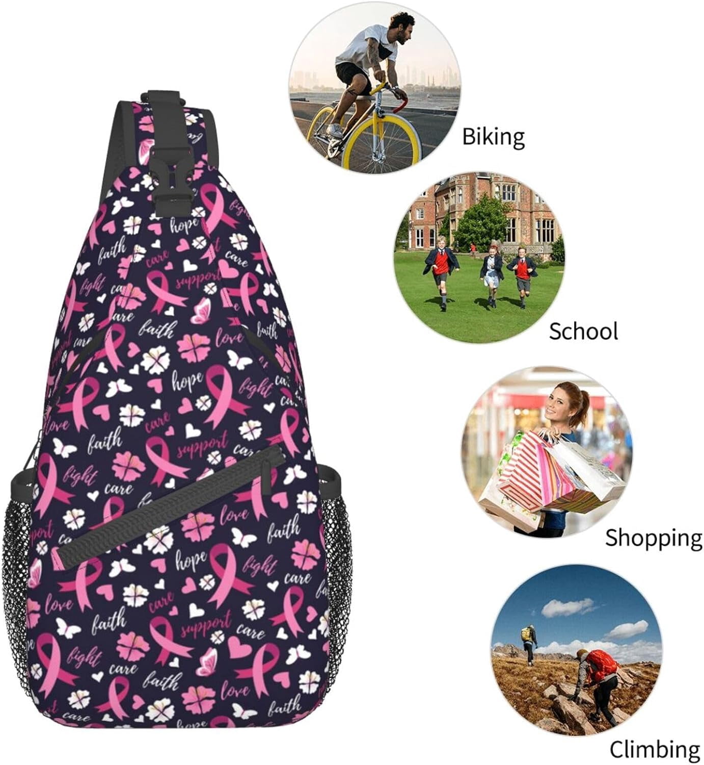 Breast Cancer Awareness Support Faith Love Hope Sling Bag Crossbody Hiking Travel Chest Bags Backpack Shoulder Daypack for Women Men