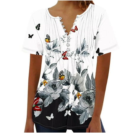 Yxnmud Women s V-Neck Casual Short Sleeve Printed Buttoned Basic Ruched Corset Tunic Tops Pleated T-shirt Blouses