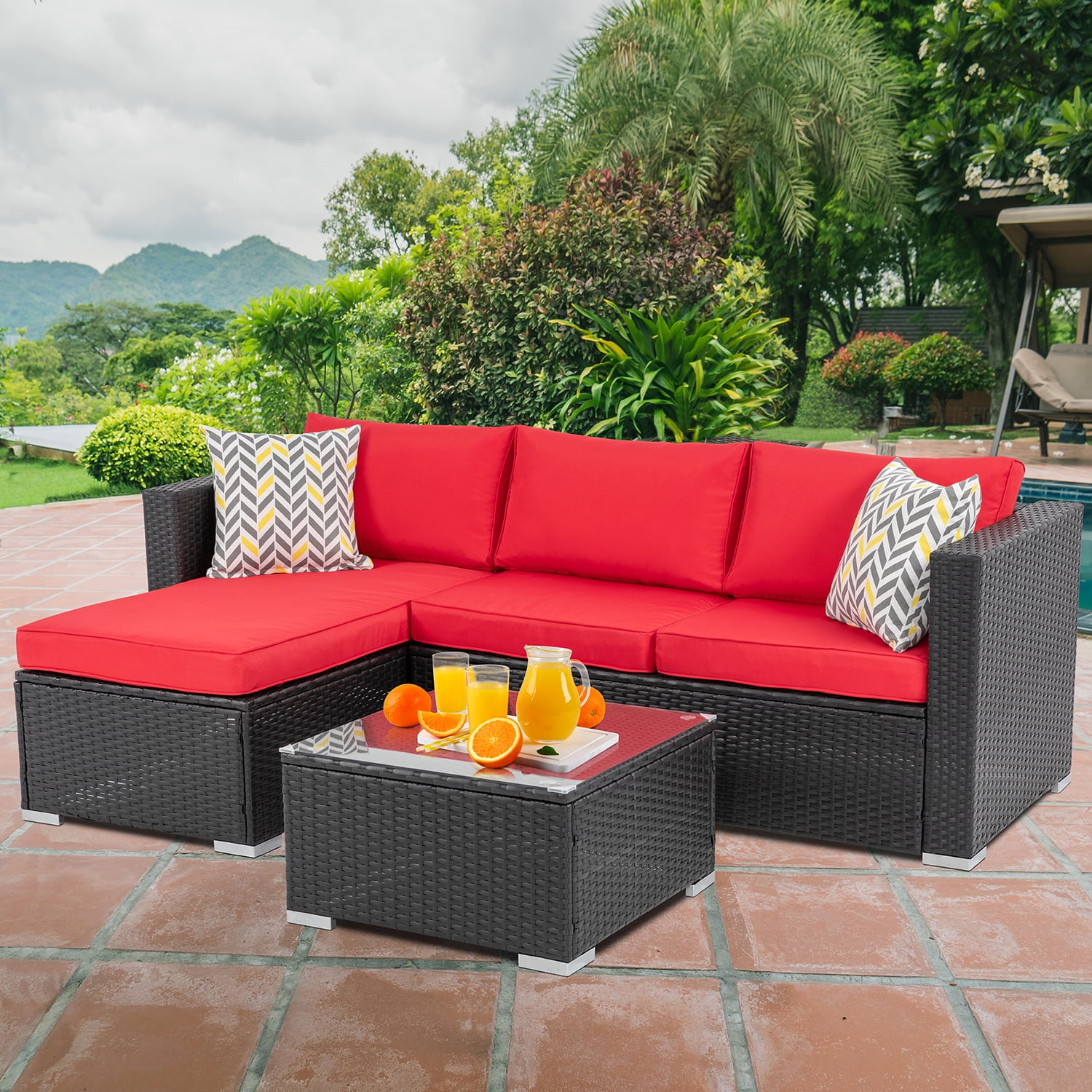 Walsunny 3 Piece Red Outdoor Furniture Sectional Sofa Patio Set with