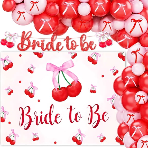 Pink Cherry Bow Knot Bridal Shower Party Balloon Decor Set - Glitter Banner, Backdrop, Balloons, and Ribbons