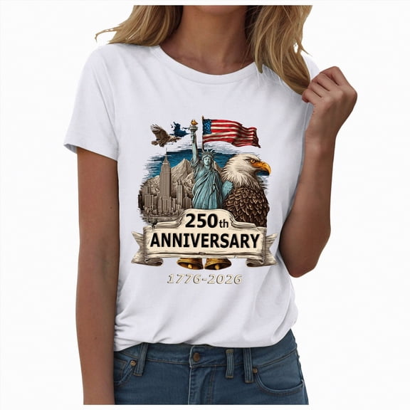 enyan Women's Graphic T-Shirt - 250 Years, We The People, Lady Liberty with American Flag Background Design July 4th Shirts For Women,White,XL