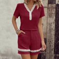 thumbnail image 2 of Likimi Two Piece Sets For Women Shorts Sleeve V Neck Solid Color Lace Top With Pocket High Waist Shorts Summer Fashion Comfort Outfit Set Rd1 Size S, 2 of 5