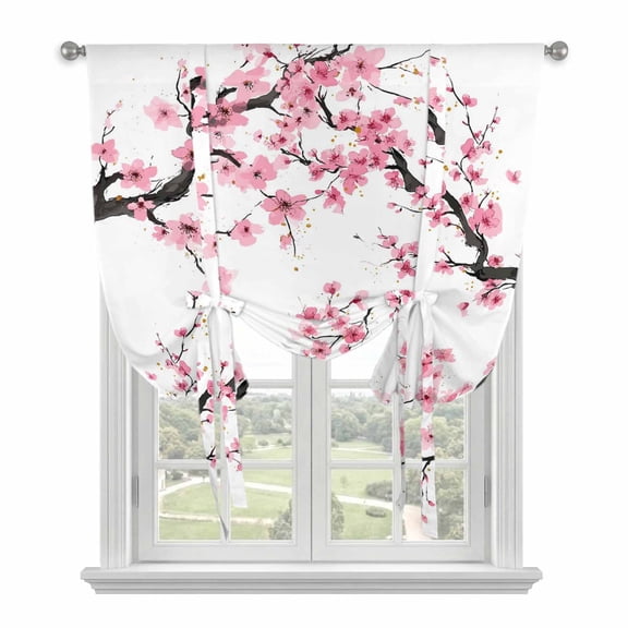 Pink Flowers Balloon Curtains for Bedroom/Front Door/Bathroom, Pink Blossoms Botanical Floral Branches Tie Up Curtains 63 Inch Length Light Filtering Kitchen Curtains Shades for Windows 46"x63"