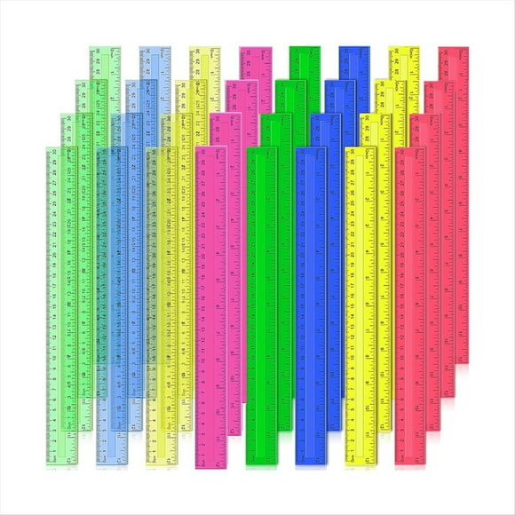 Reglas de Plástico 12 Pulgadas, 32 Piezas Métricas A Granel Transparentes Colores Surtidos con Centímetros y Milímetros.
