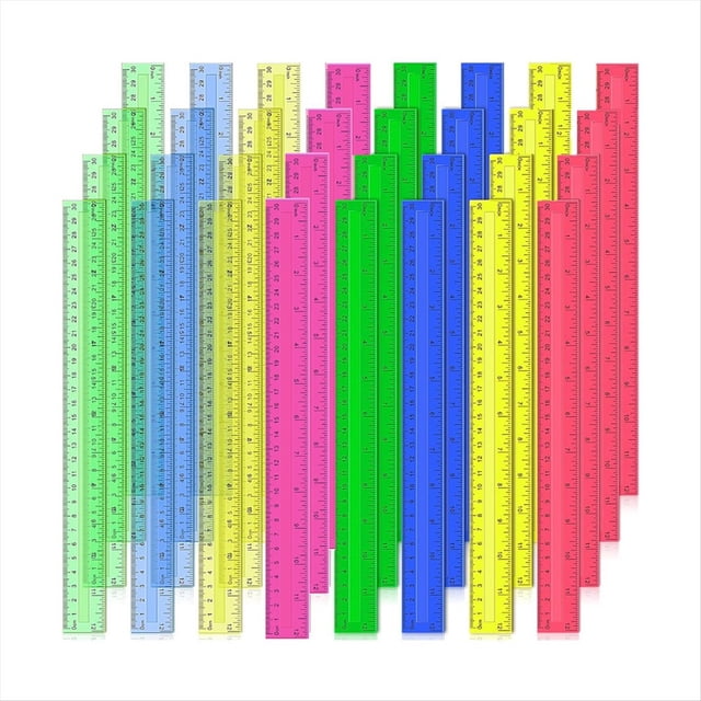 Reglas de Plástico 12 Pulgadas, 32 Piezas Métricas A Granel Transparentes Colores Surtidos con Centímetros y Milímetros.