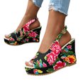 thumbnail image 4 of Summer Fish Mouth Print Thick Soled One-line Buckle Casual Wedge Sandals Sandals for Women Black 38, 4 of 8