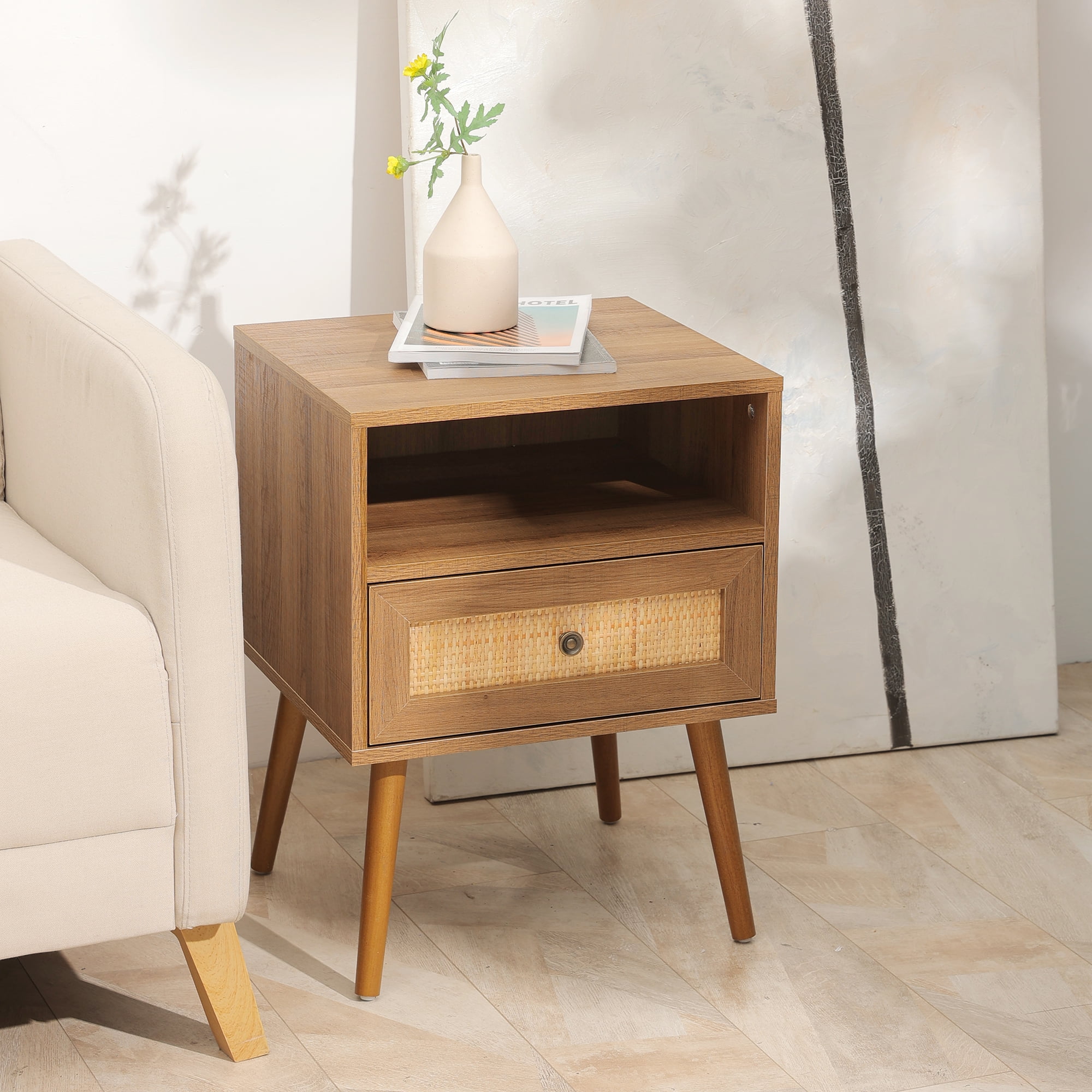 Buy Betterhood Rattan Nightstand, Wooden Bedside Table End Table for