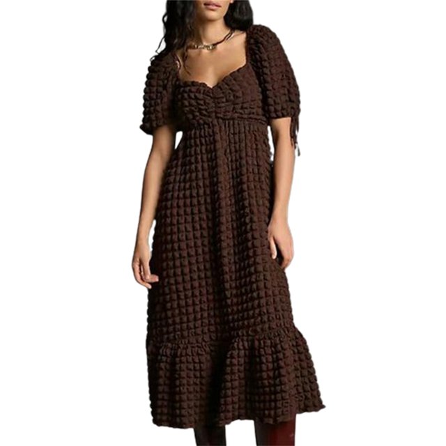 Gupgi Women's Puff Sleeve Midi Dress Solid Color Bubble Textured Smocked Sweetheart Neck Ruffled Flowy Dress