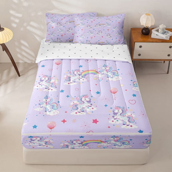 Homewish Cartoon Unicorn Girls Zipper Twin Comforter Sets with Fitted Sheet and 2 Pillowcases,Dreamy Princess Style Rainbow Zipper Bedding Set For Kids,Reversible,4 Pieces