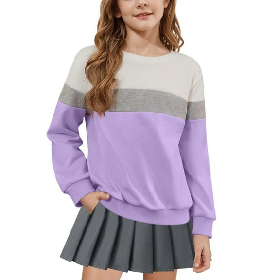 Girls Sweatshirts Long Sleeve Crewneck Pullover Color Block Lightweight Fall Winter Casual Everyday Wear Top 1-15 Years
