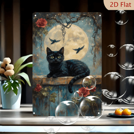 Gothic Black Cat with Moon and Roses 8x12 inch Metal Wall Art Print Romantic Night Scene with Birds and Trees Vintage Style Home Decor
