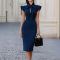 thumbnail image 2 of SAWOBUUN Womens Sleeveless Bow Tie Neck Bodycon Dress Cap Sleeves Business Casual Midi Pencil Dress for Office Work Party, 2 of 5