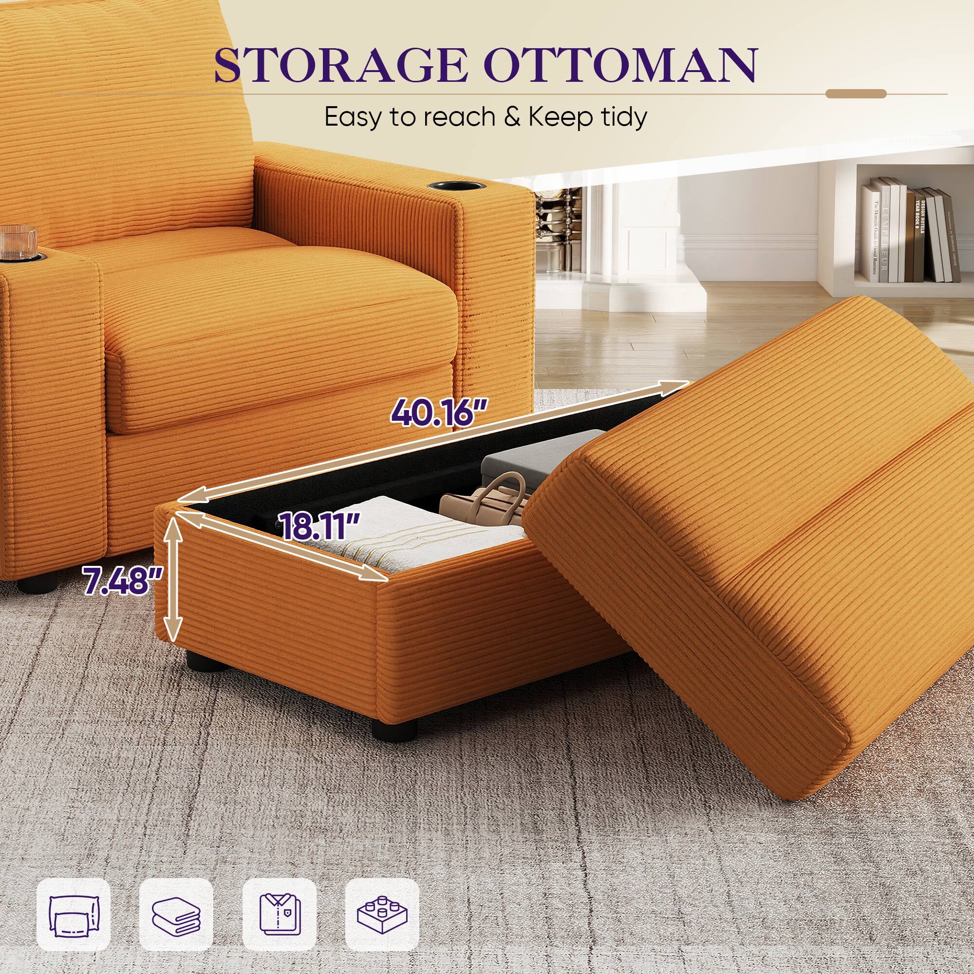 Lunale 42.8" Accent Chair with Ottoman, Indoor Chaise Lounge Chair with USB & Storage, Plush Reading Sofa Armchair for Living Room, Bedroom, Apt, Orange Corduroy