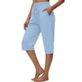 thumbnail image 3 of Women's 2026 Summer Cotton Linen Capris Elastic Drawstring High Waist Loose Casual Cropped Beach Pants Light Blue S, 3 of 7