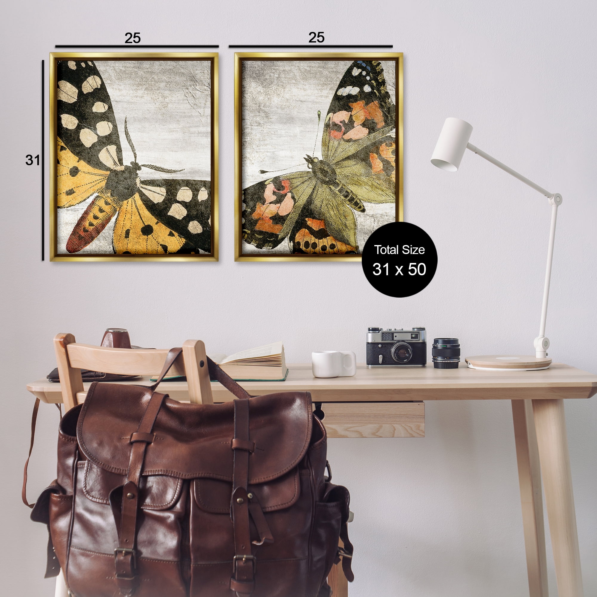 Stupell Industries Vintage Spotted butterflies Animals Painting Gold Floater Framed Canvas Art Print Wall Art, 31 x 25, Set of 2